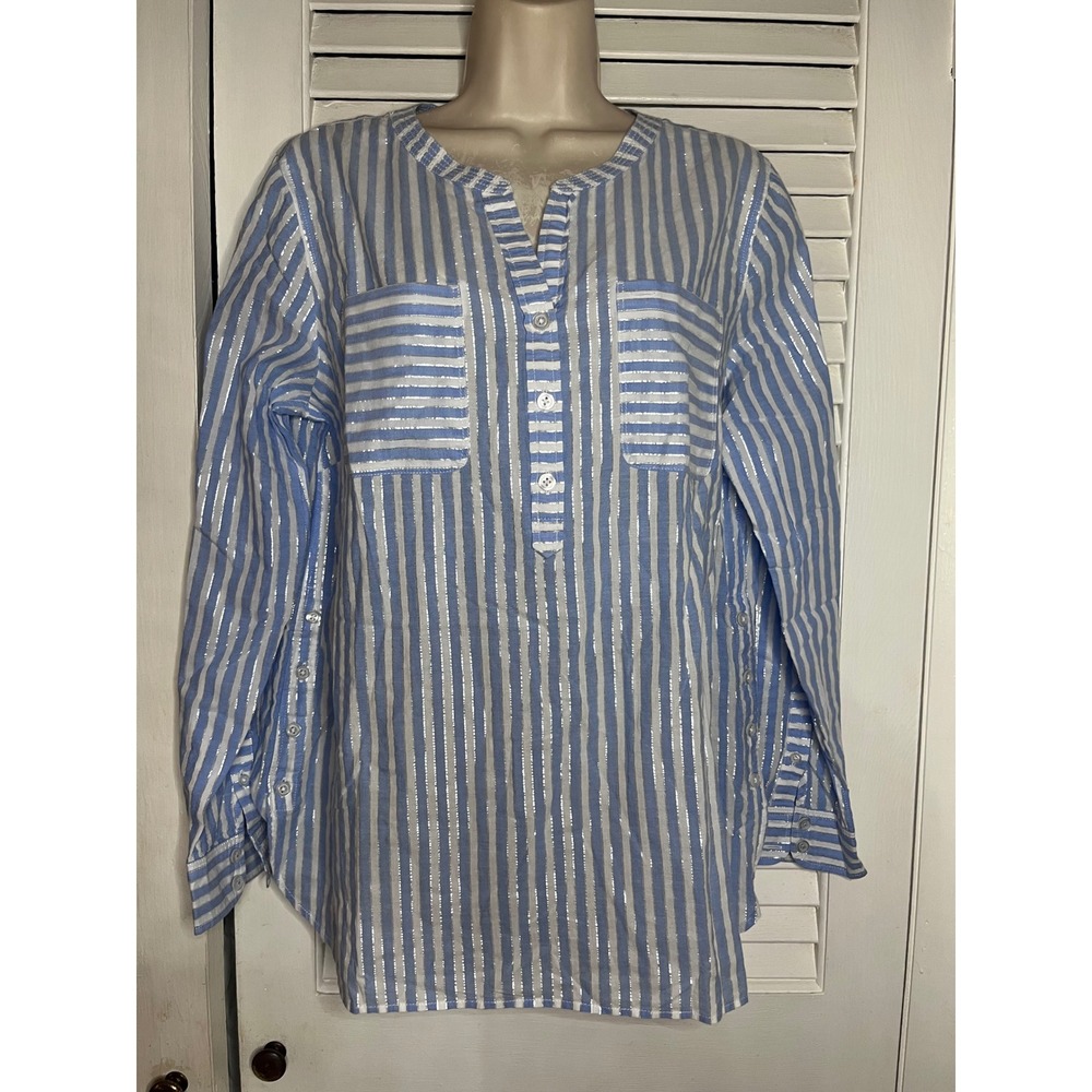 Talbots Women Blue White Striped Metallic Tunic Shirt Long SleeveRoll Tab Large